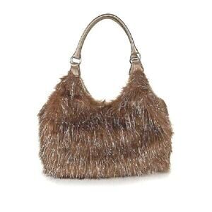 JOAN BOYCE Brown & Silver Icicles Faux Fur Hobo Bag Purse